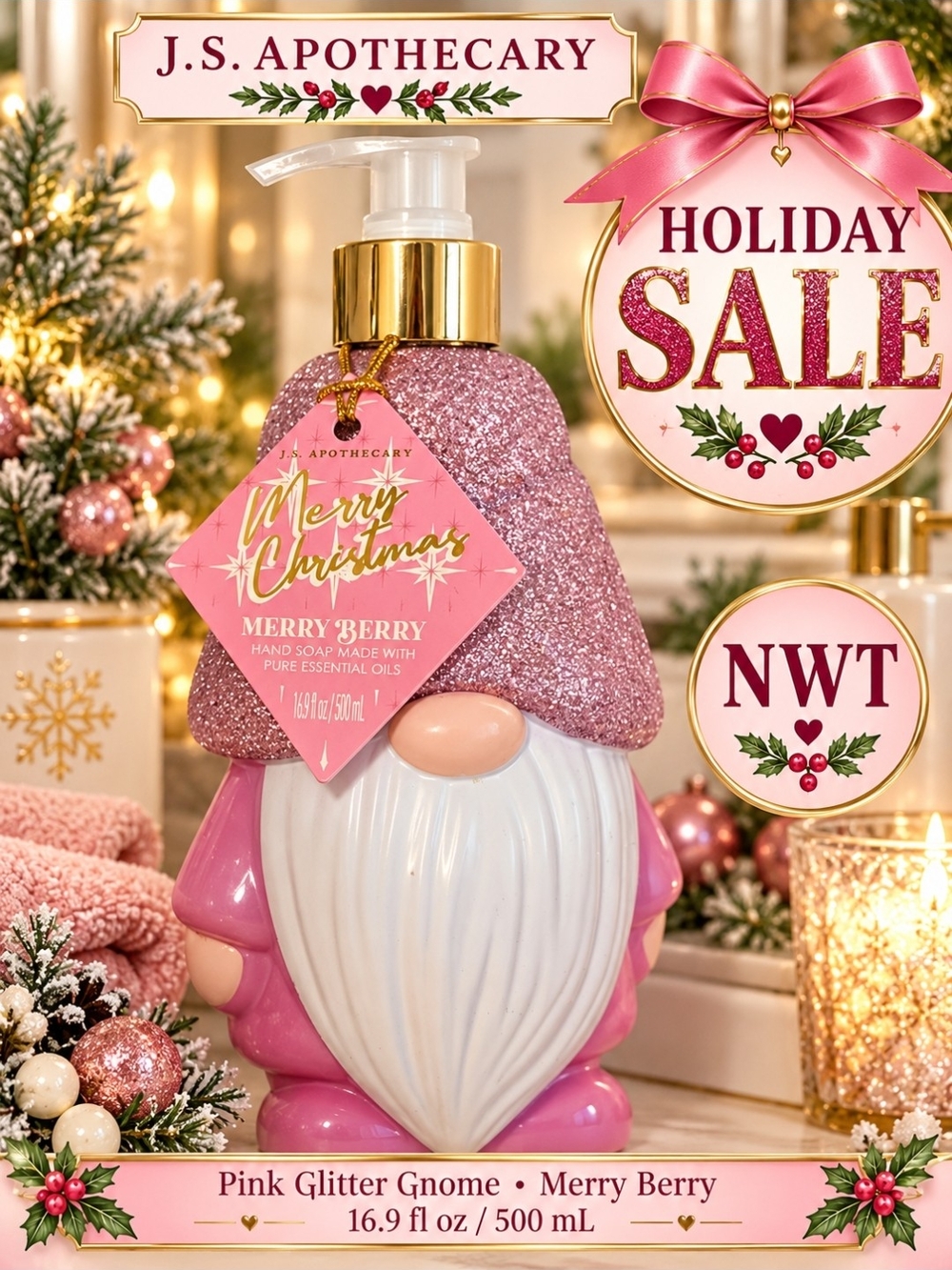 Merry Berry Pink Glitter Gnome Hand Soap